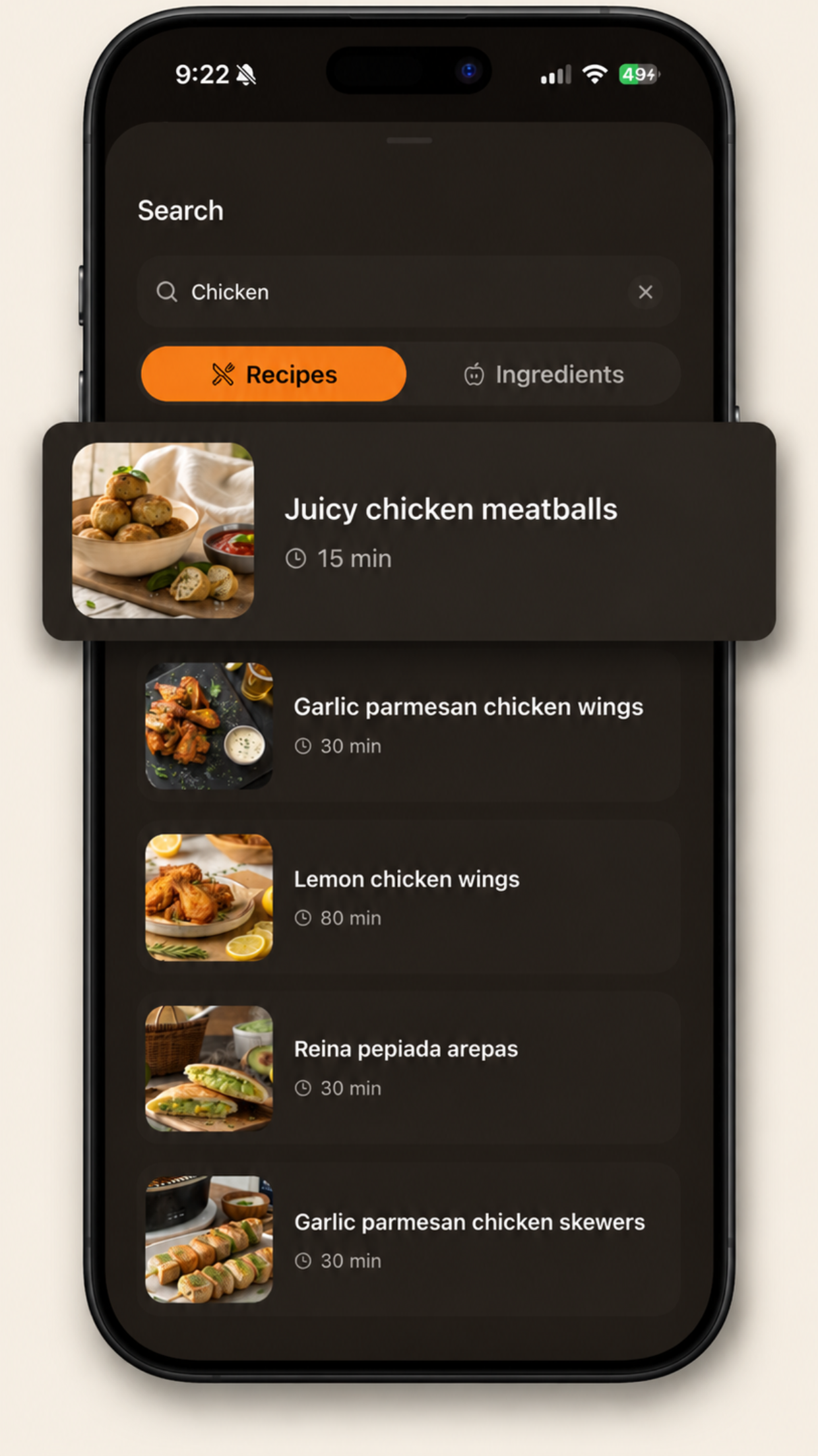 Air fryer recipe search showing results for chicken with cook times, and an Ingredients search mode