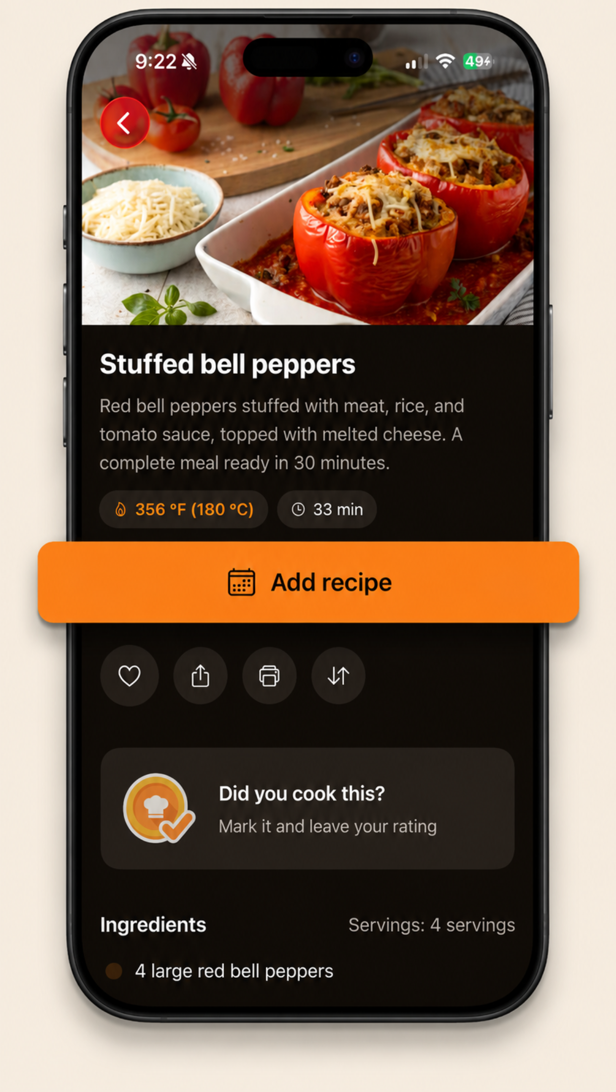 Air fryer recipe page for stuffed bell peppers showing 356 °F (180 °C) and 33 minutes, with add to plan, favorite, share and print actions