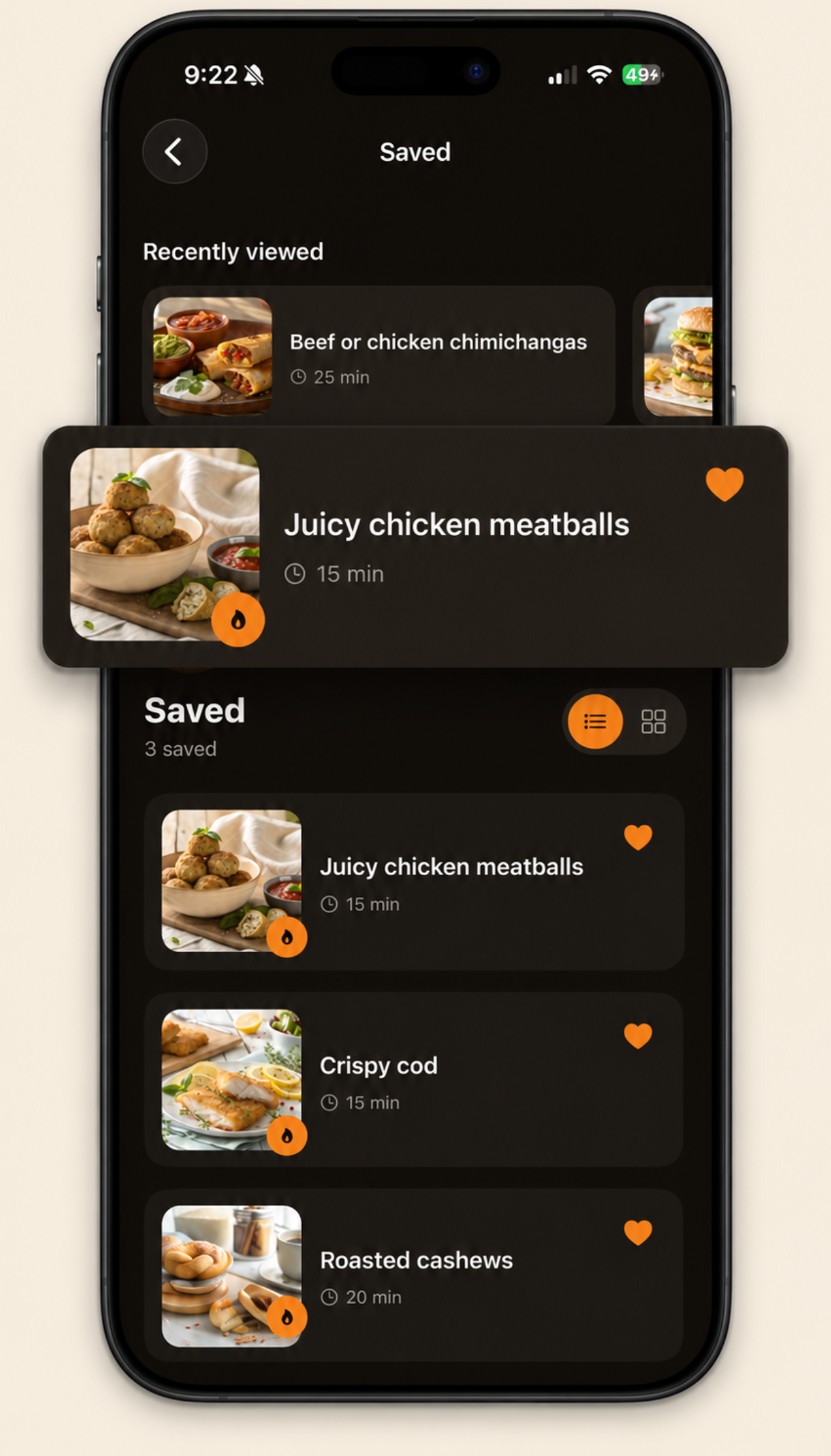 Saved air fryer recipes screen with favorites list, recently viewed history and list or grid view toggle
