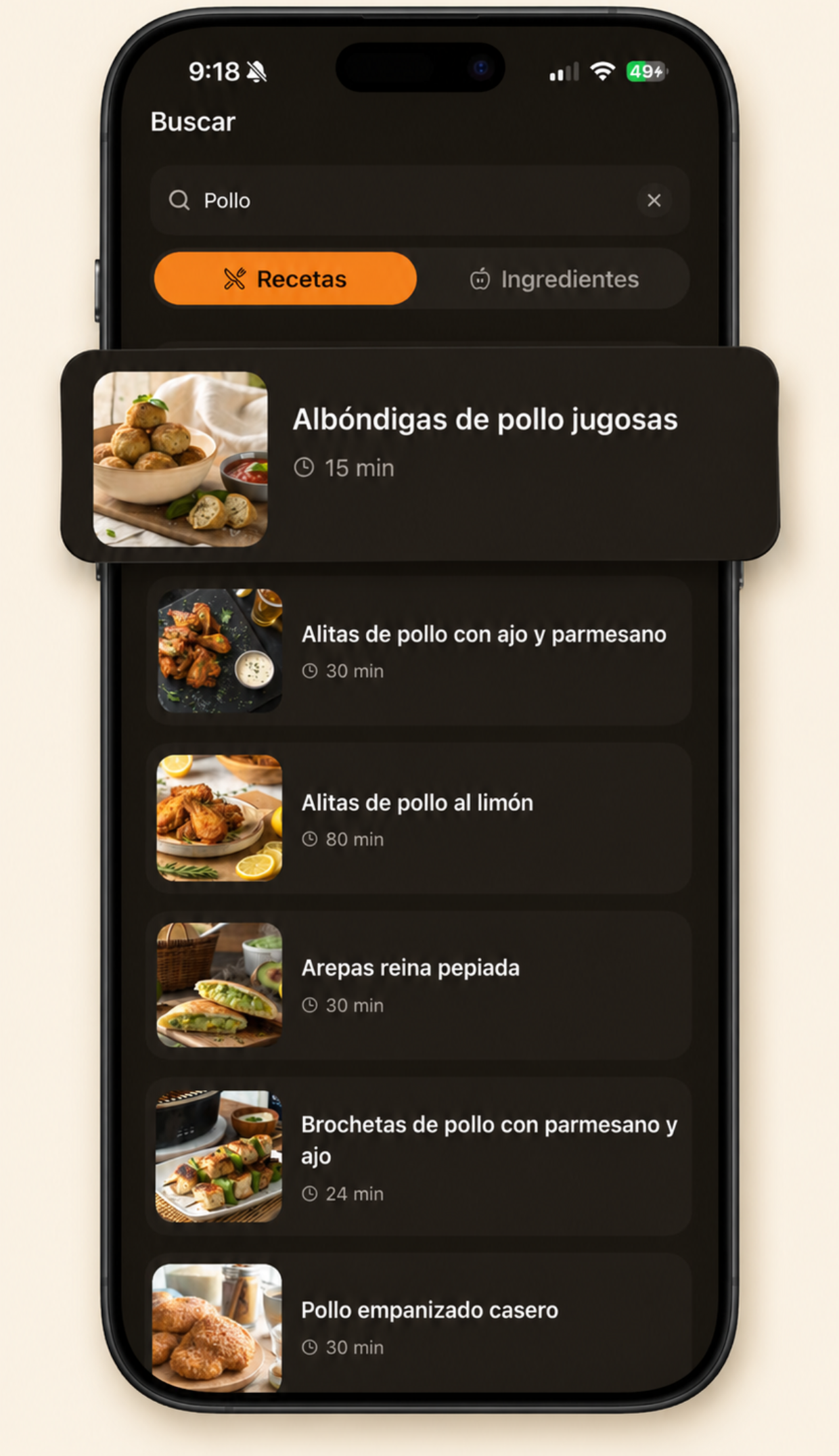 Búsqueda de recetas para airfryer con resultados para pollo y sus tiempos de cocción, y un modo de búsqueda por ingredientes