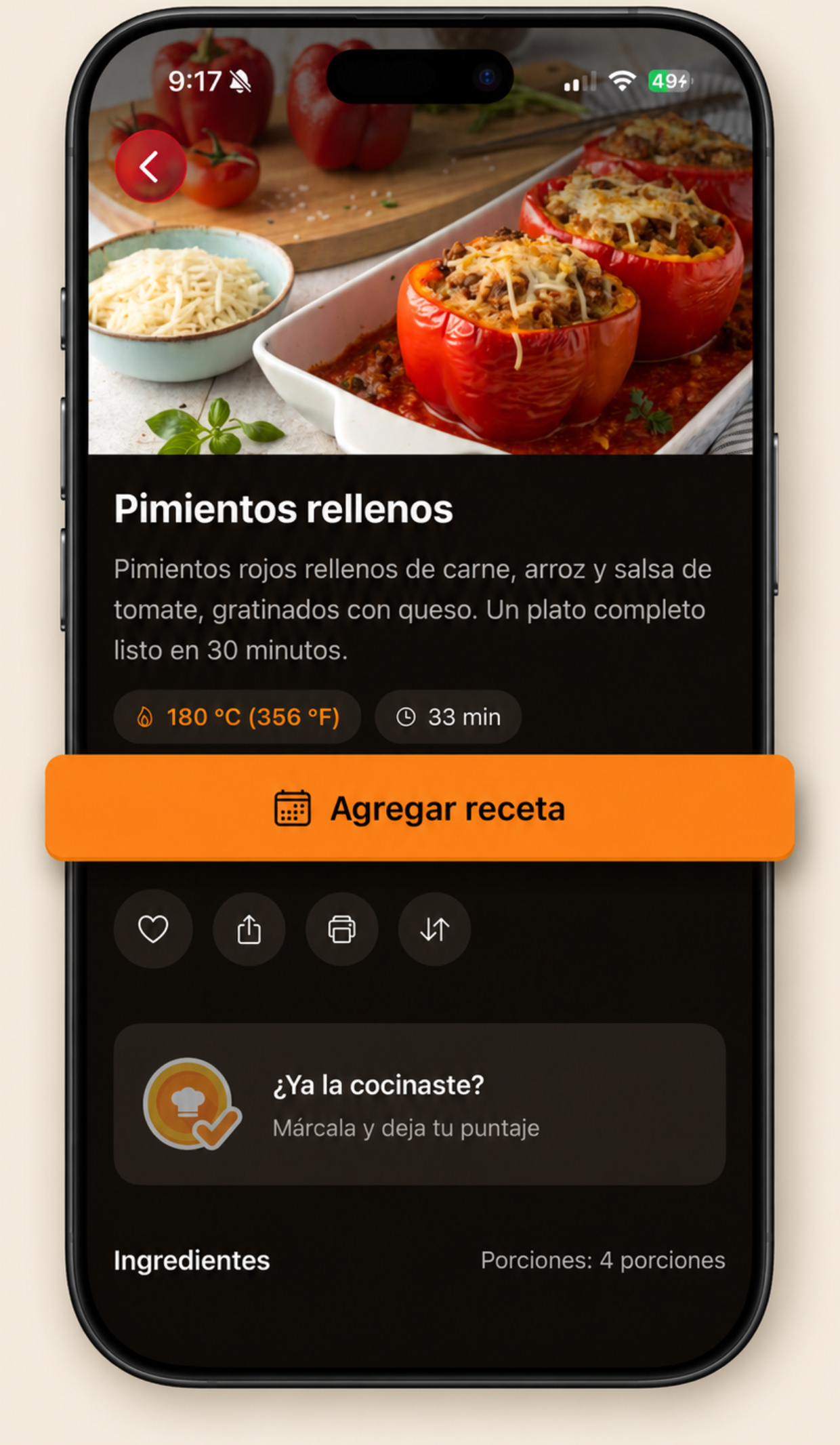 Receta de pimientos rellenos en la airfryer con etiquetas de 180 °C (356 °F) y 33 minutos, y acciones para agregar al plan, guardar, compartir e imprimir