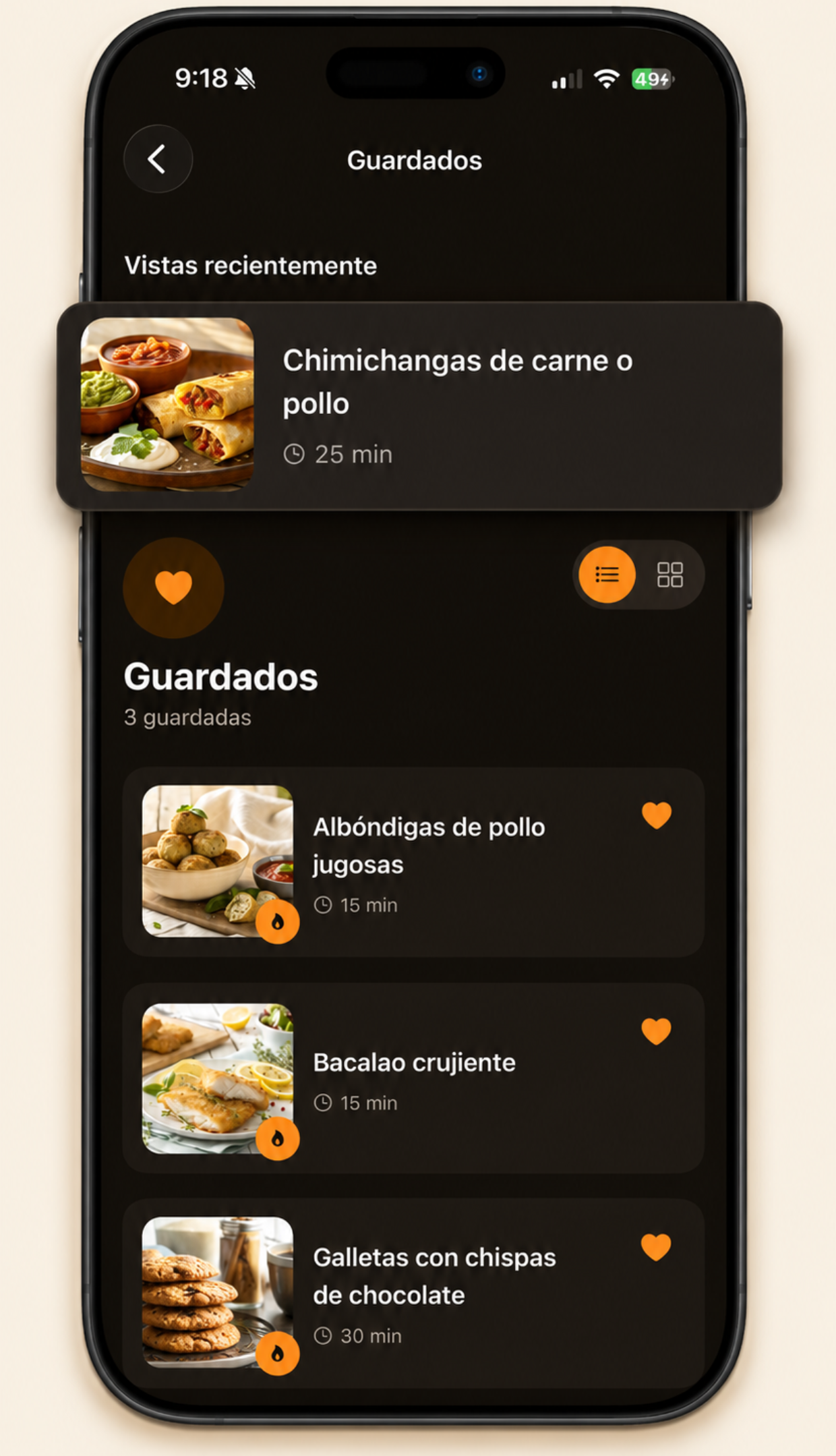 Pantalla de recetas guardadas con la lista de favoritas, el historial de vistas recientemente y el cambio entre vista de lista o cuadrícula