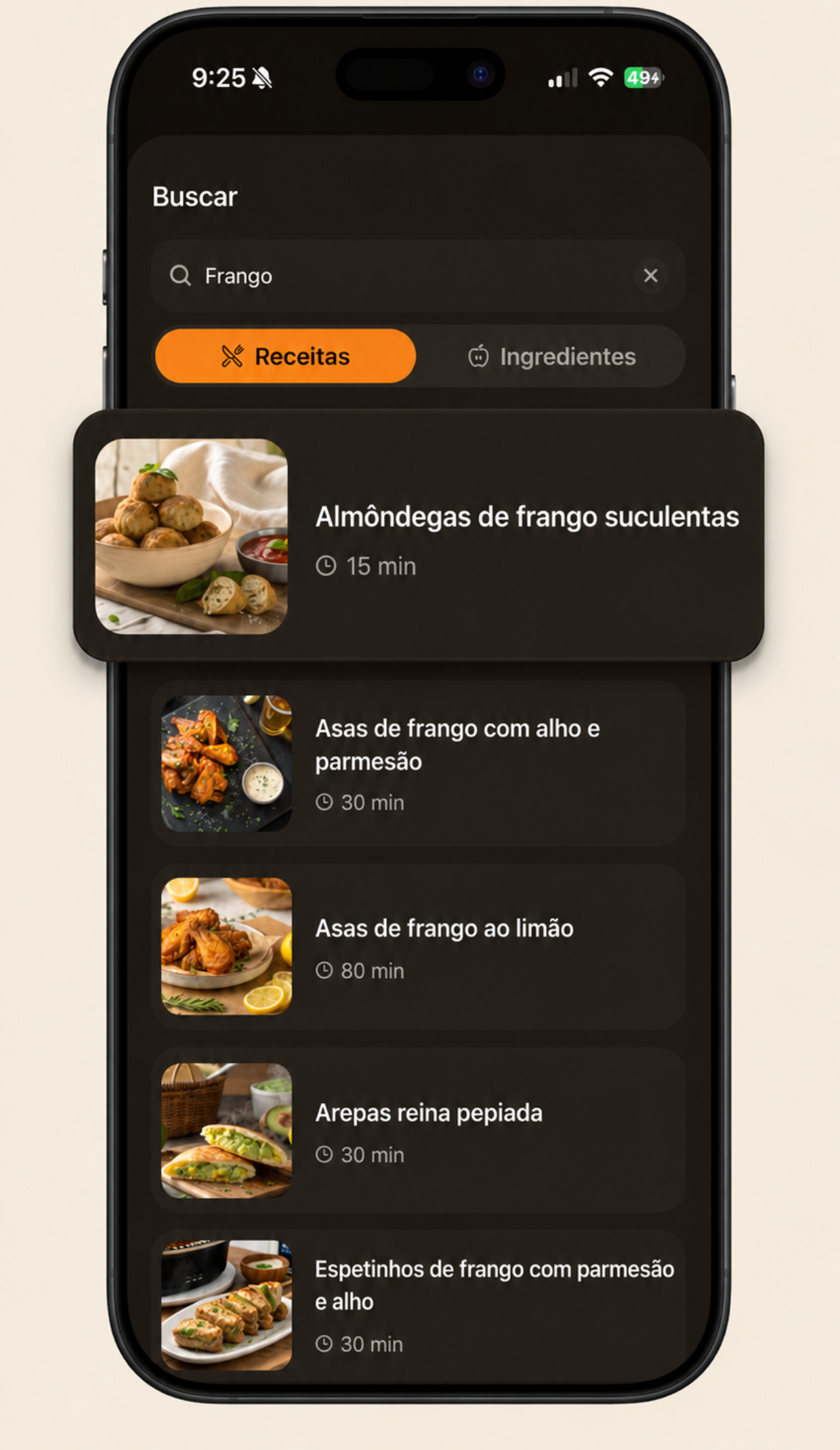 Busca de receitas para airfryer com resultados para frango e seus tempos de preparo, e um modo de busca por ingredientes