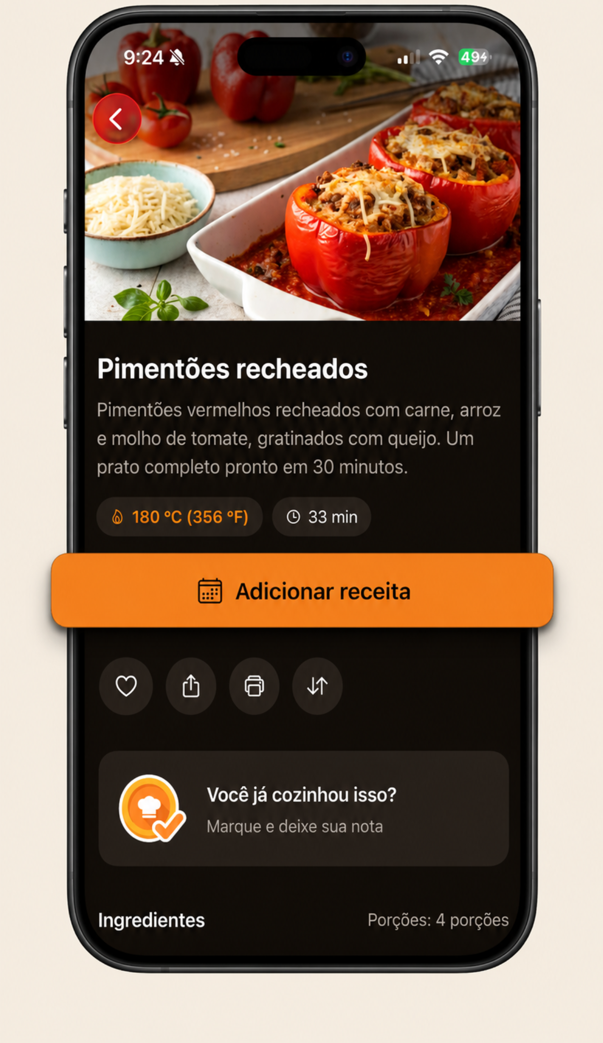 Receita de pimentões recheados na airfryer com selos de 180 °C (356 °F) e 33 minutos, e ações de adicionar ao plano, favoritar, compartilhar e imprimir