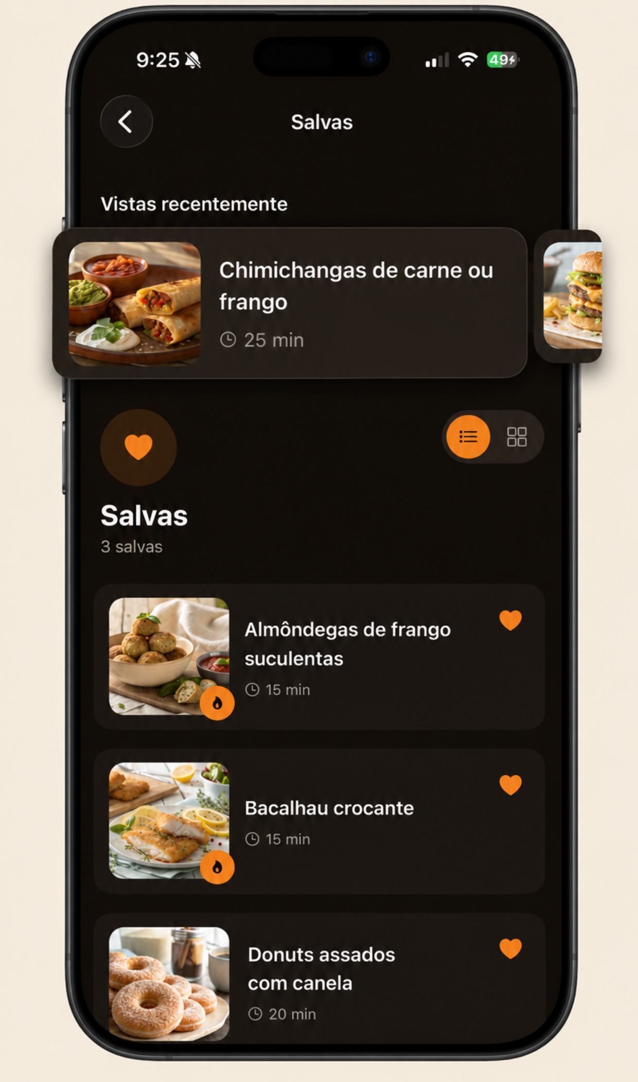 Tela de receitas salvas com a lista de favoritas, o histórico de vistas recentemente e a troca entre visualização em lista ou grade